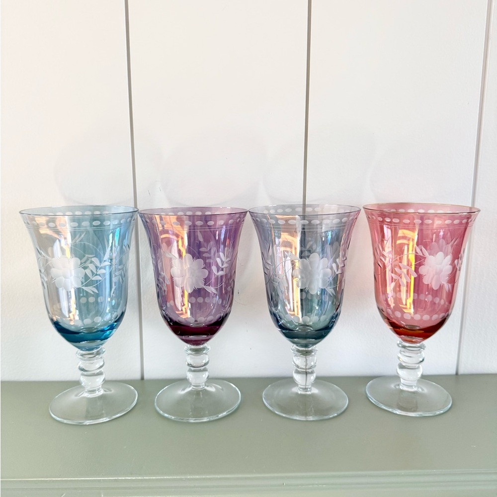 4 Royal Danube Lusterware Luster Etched Floral Iridescent Wine Glasses Goblets